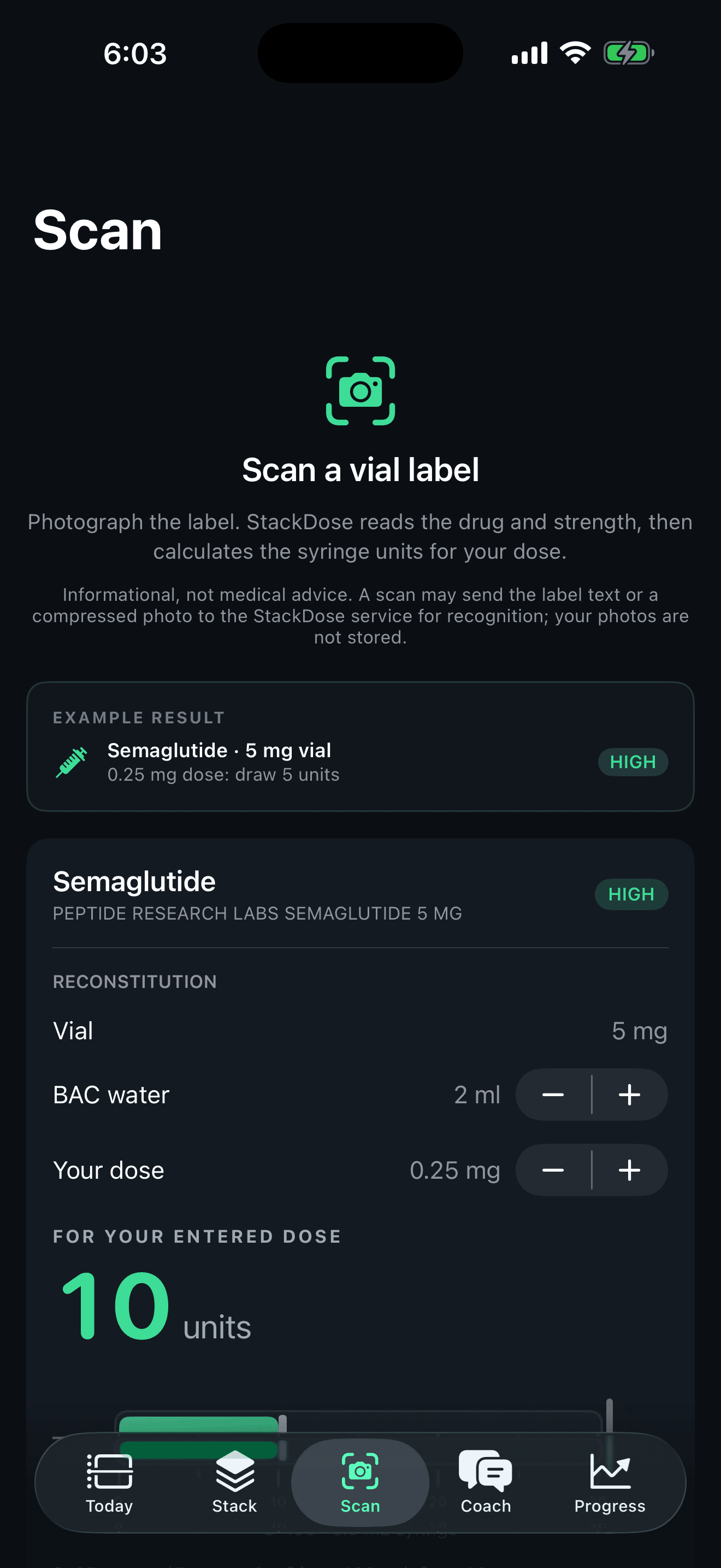 StackDose Scan screen: vial read out to exact syringe units